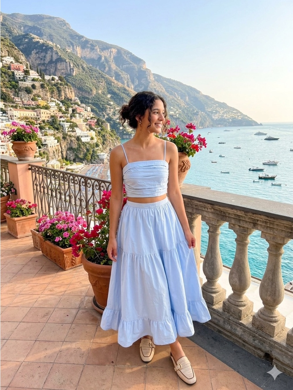 OPT✨ NWT ✨Light Blue ✨Ruched Crop Top & Tiered Midi Skirt✨100% Cotton
